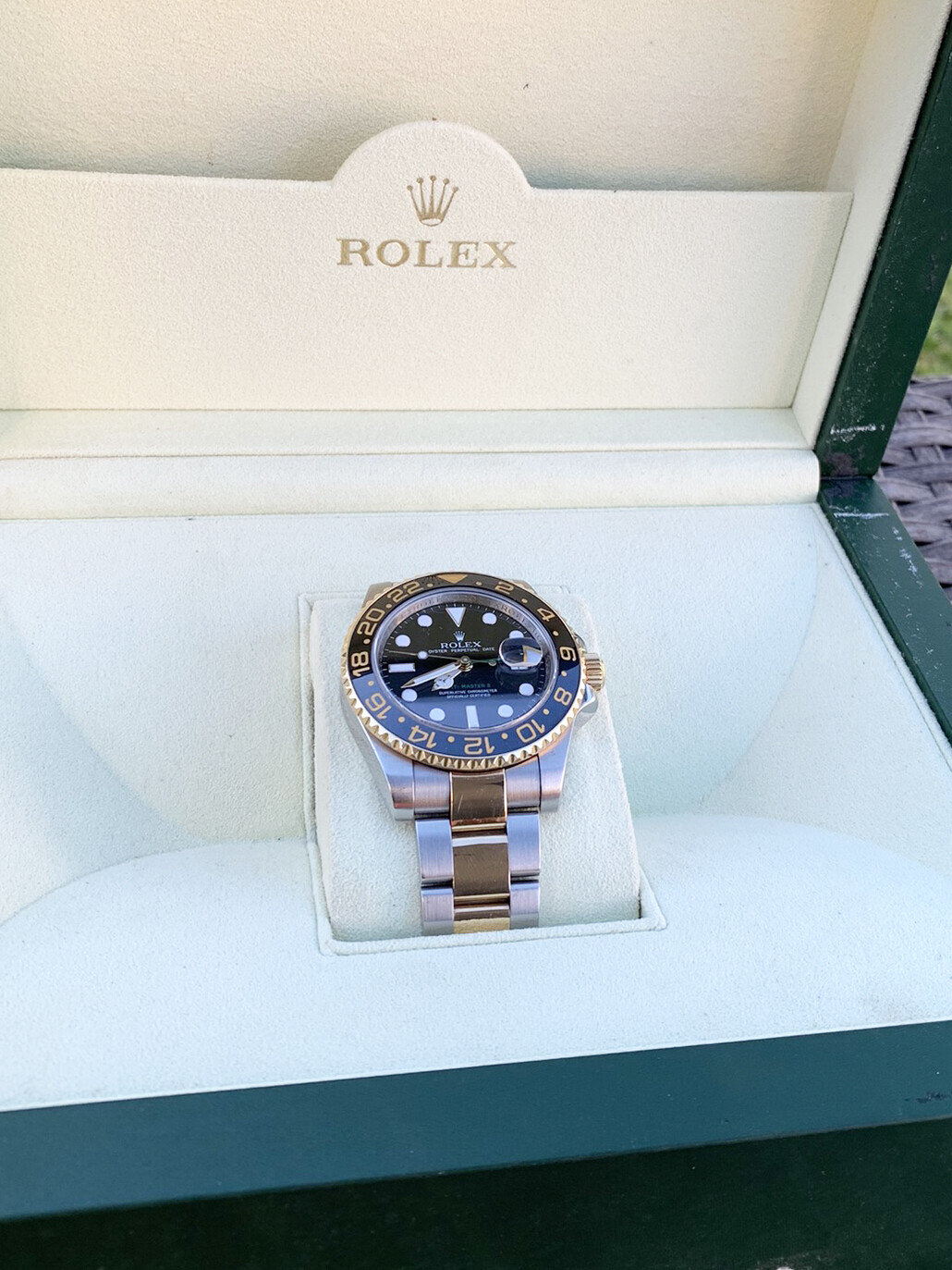 Rolex GMT-Master II Two Tone Gold Ceramic Bezel Black Dial Bidirectional Bezel