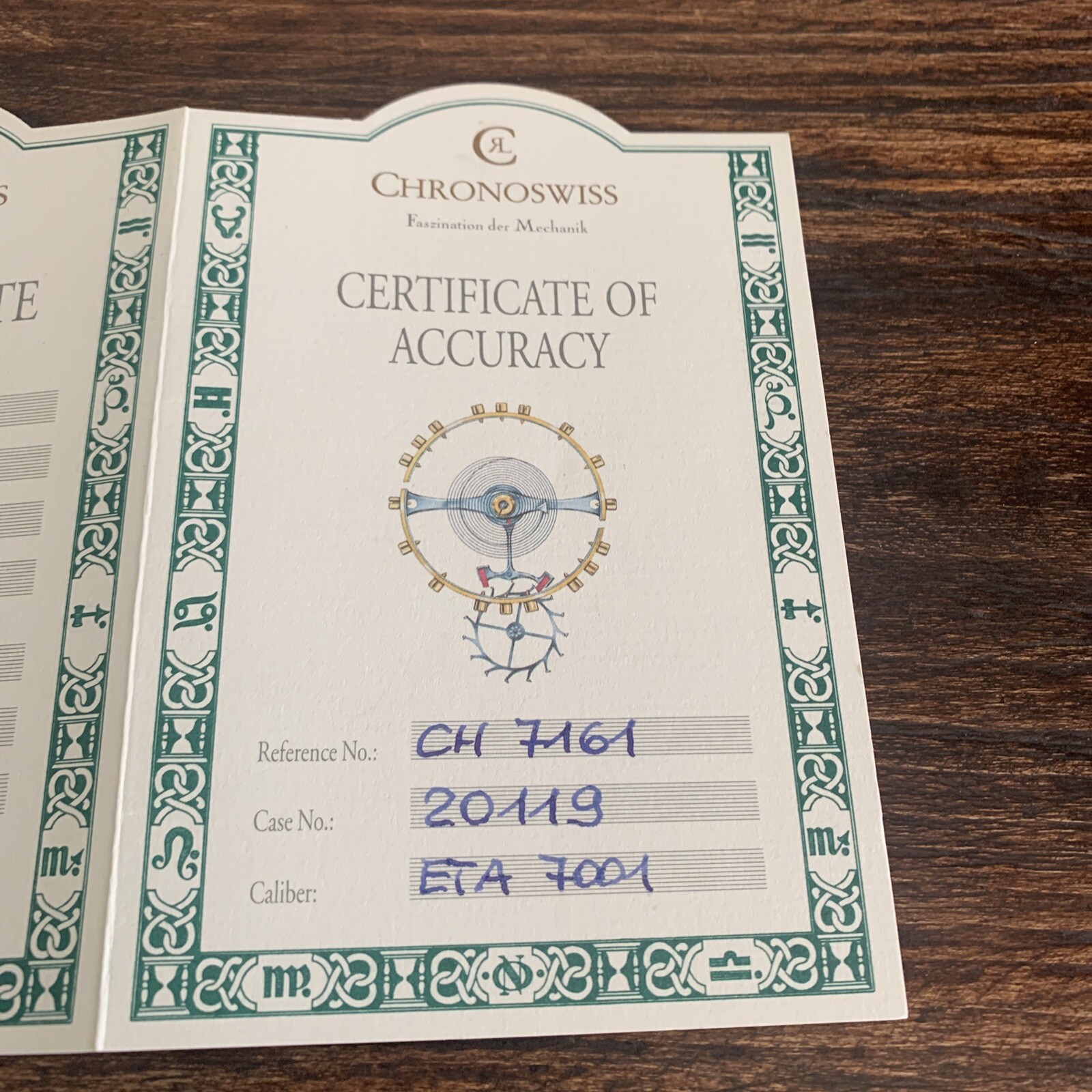 Chronoswiss Watch Certificate of Accuracy Working-Rate Paper Caliber ETA 7001