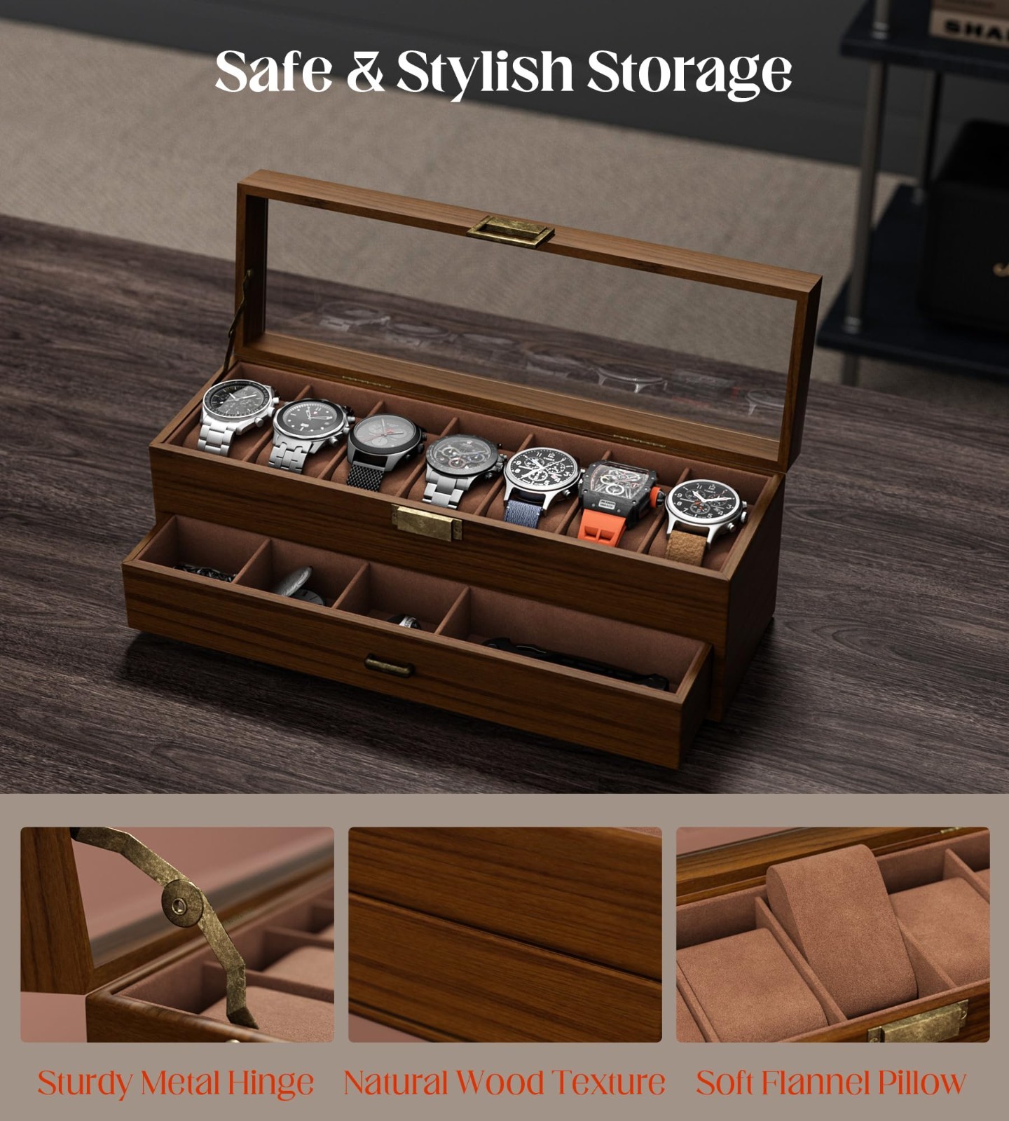 Men’s Watch Case Box – 7 Slots, 2-Layer Wood Grain Organizer with Jewelry Drawer