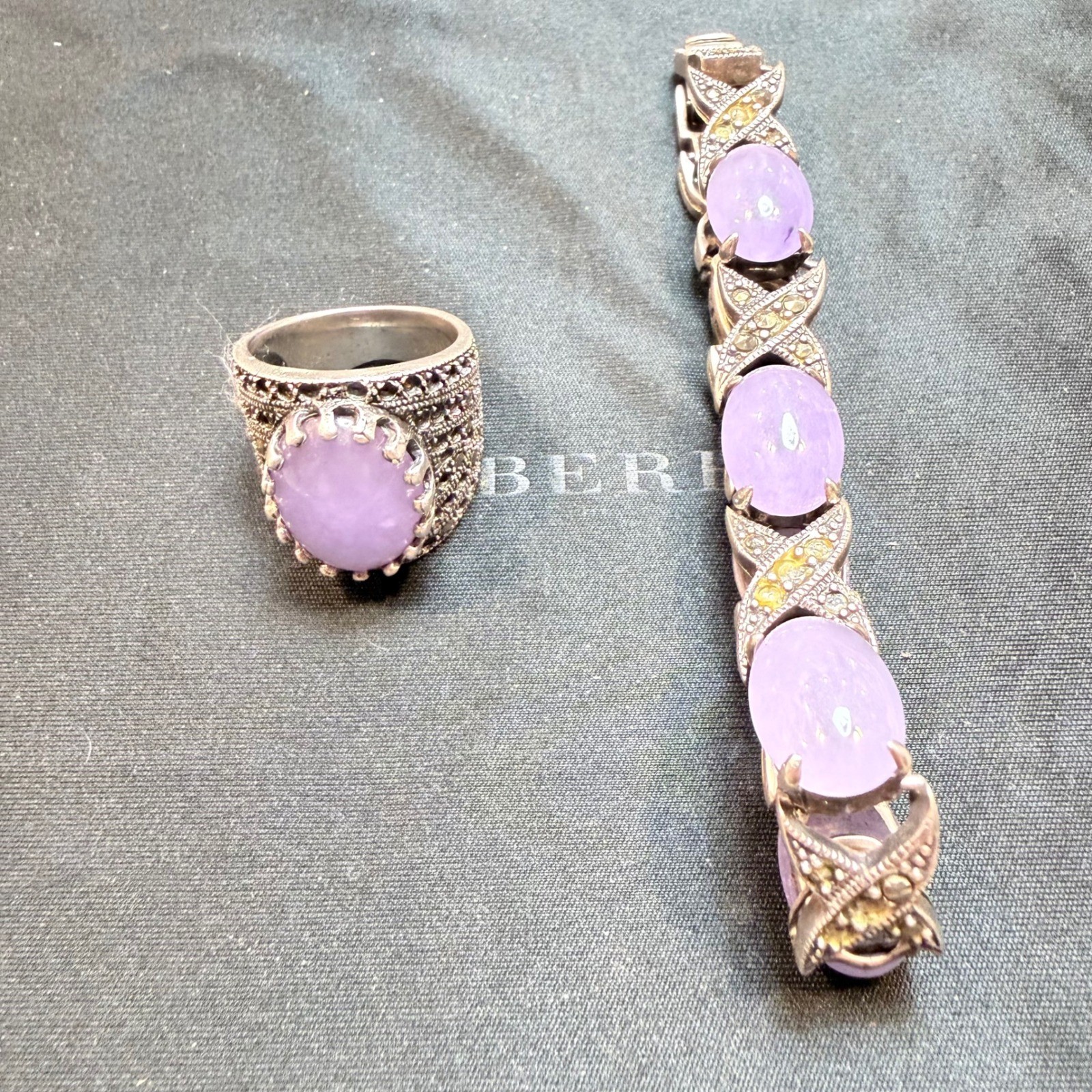Vintage 925 Sterling Silver Marcasite Lavender Jade Ring and Bracelet Set 39g