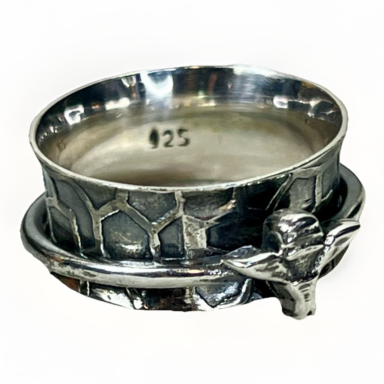 925 Honeycomb Sterling Silver Spinner Ring w/ Bee Accent Fidget Meditation Band