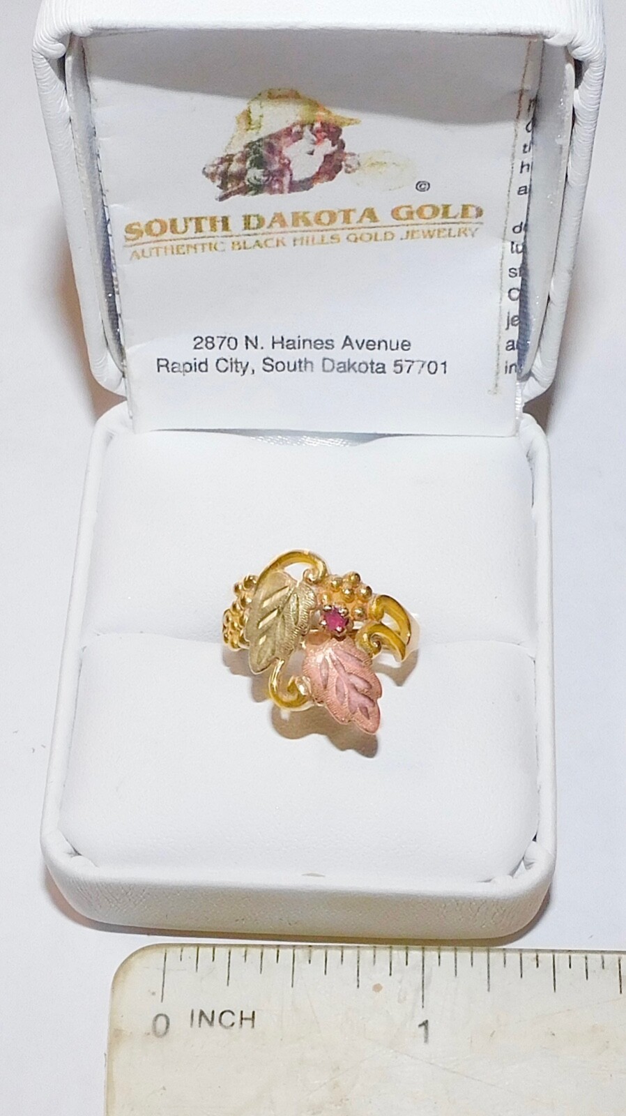 Black Hills Gold 10k 12k Ruby Accent Two Leaf Ring Size 7