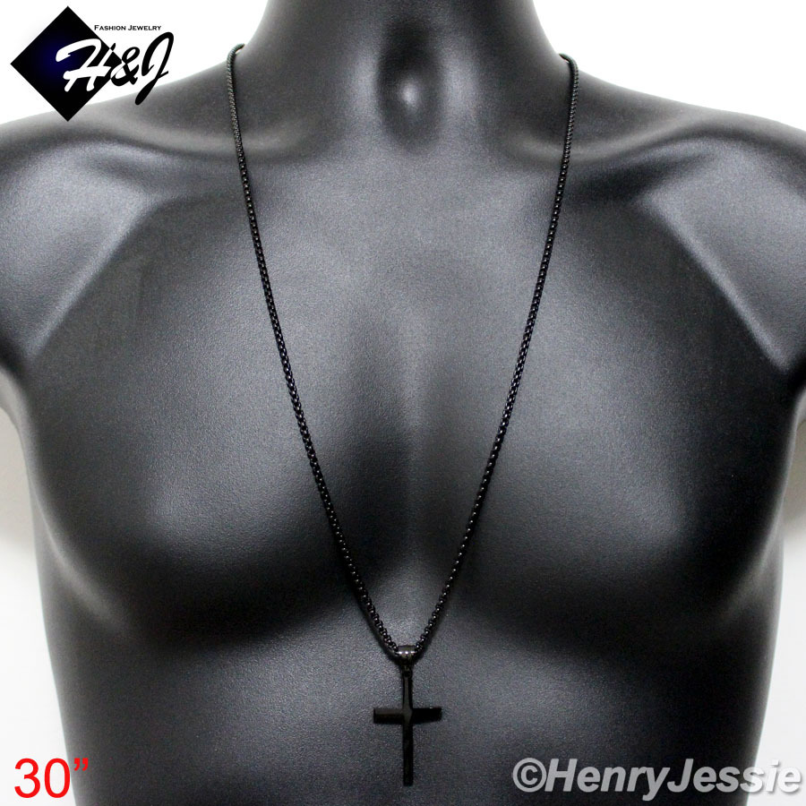18-36″MEN Stainless Steel 3mm Black Plated Box Chain Necklace Cross Pendant*BP29
