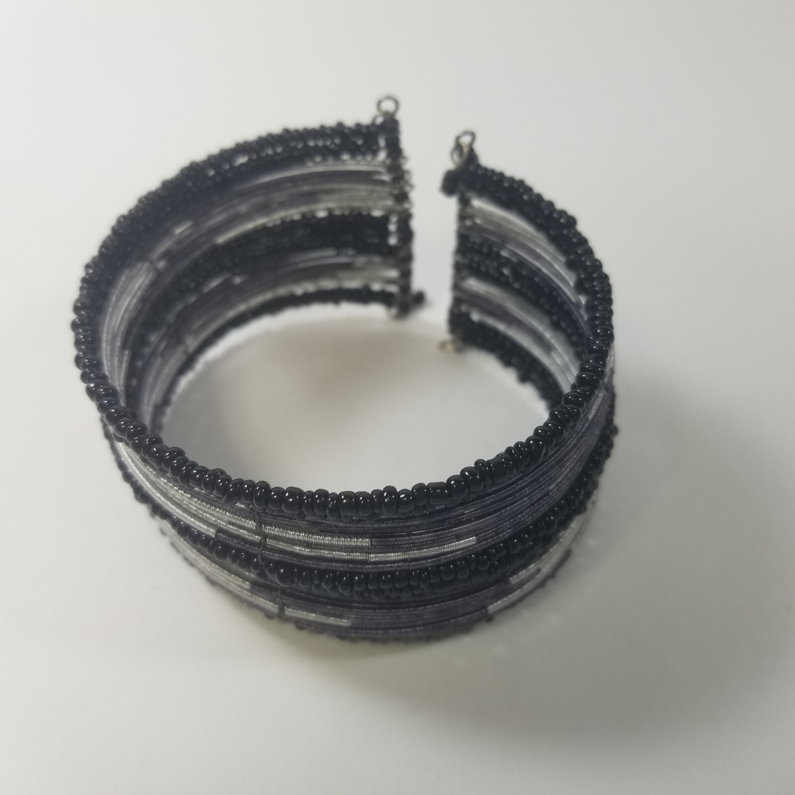 Beaded Wrap Cuff Bracelet Silver Tone Black Seed Beads, Flexible Fit, 1.5″ wide