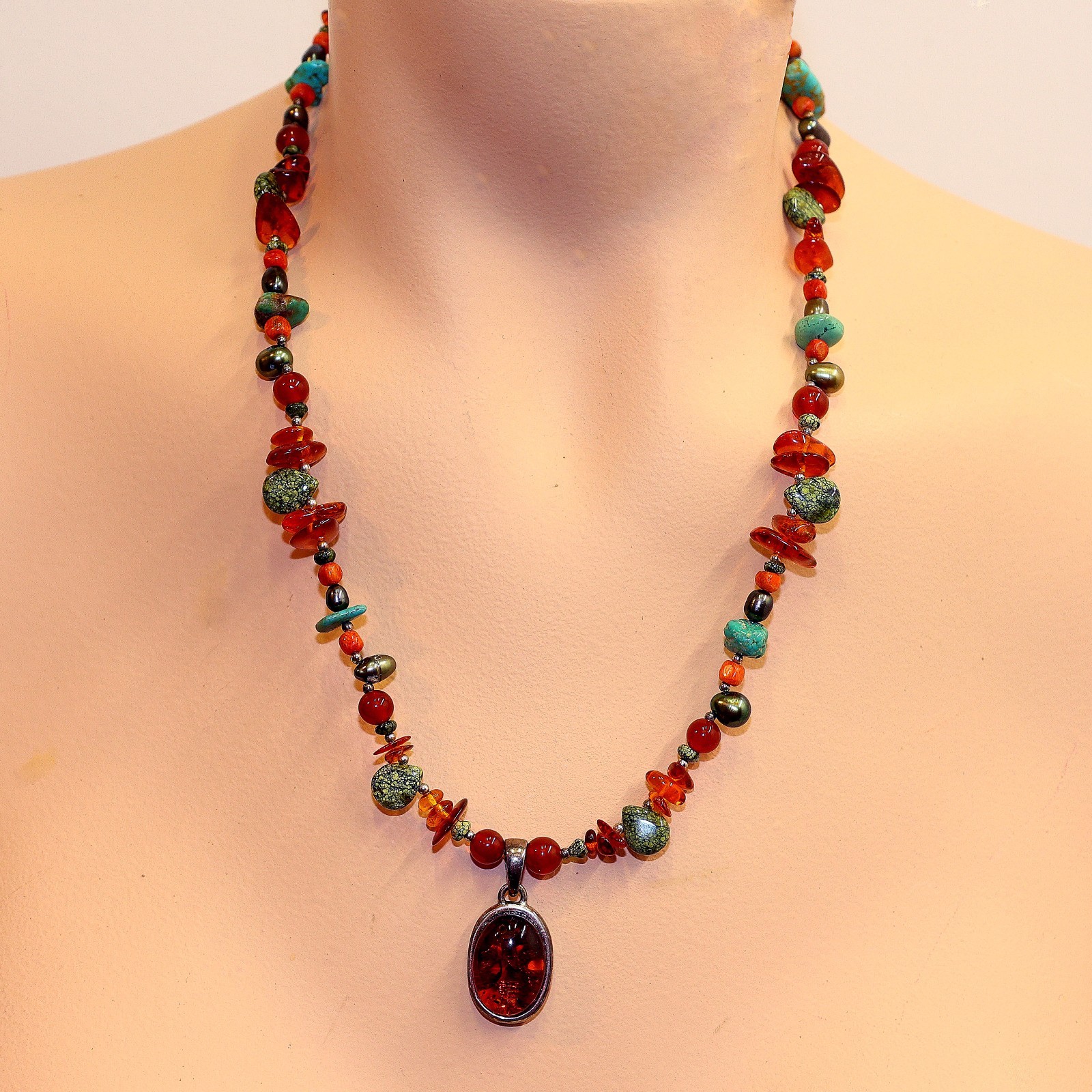 BARSE Necklace Amber Beads Sterling Pendant Turquoise 925 Silver Beaded THAI 20″