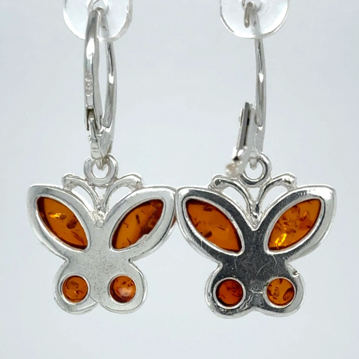 Cognac Brown BALTIC AMBER Butterfly Leveback Earrings 925 STERLING SILVER #5528e