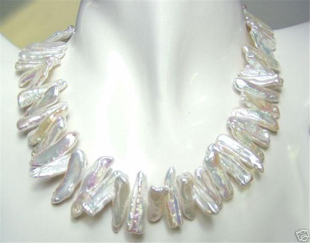 Beautiful Real Natural White Freshwater Biwa Pearl Necklace 17”