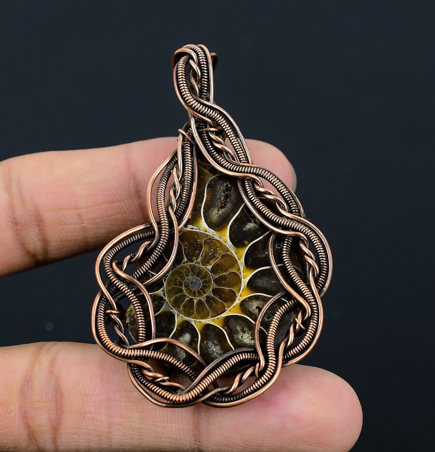 Ammonite Fossil Handmade Gemstones Copper Wire Wrapped Pendant Jewelry