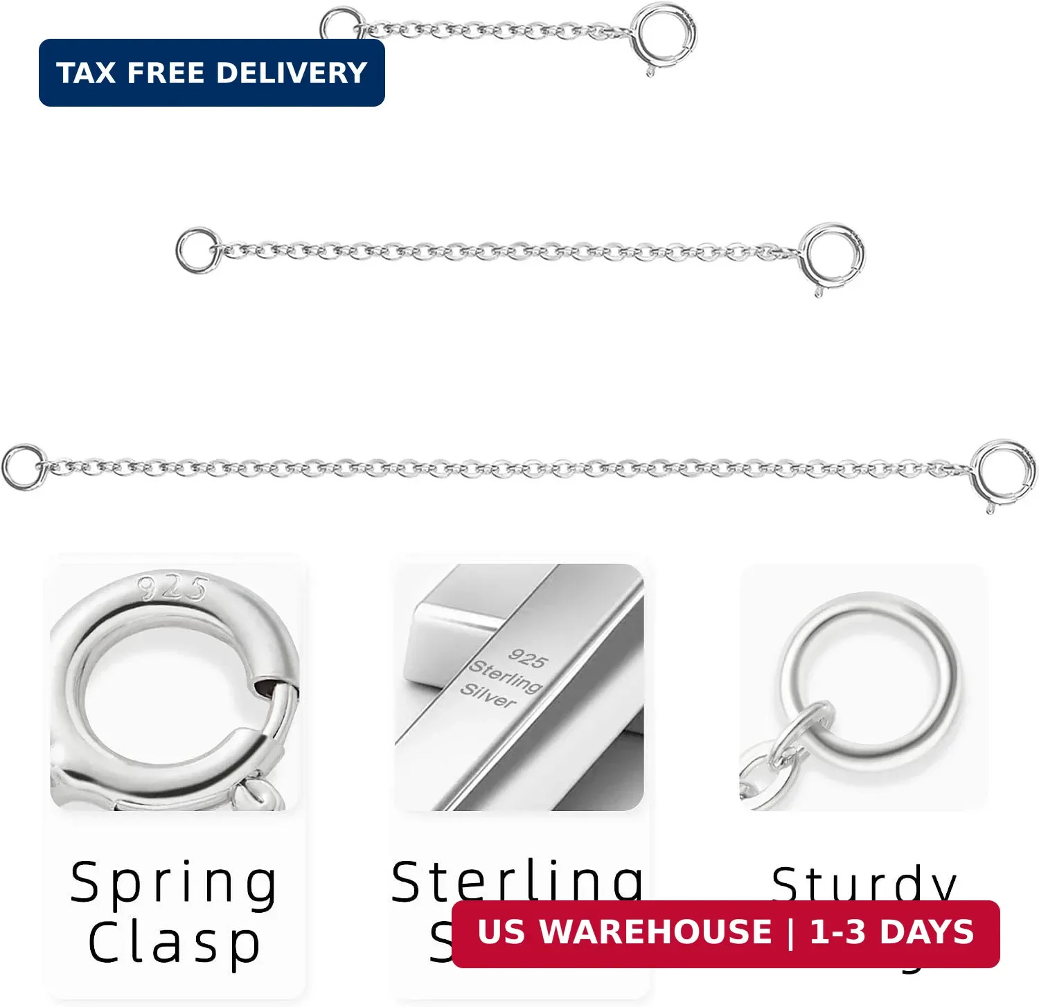 Sterling Silver Necklace Extenders Set – 3 Sizes for Perfect Fit