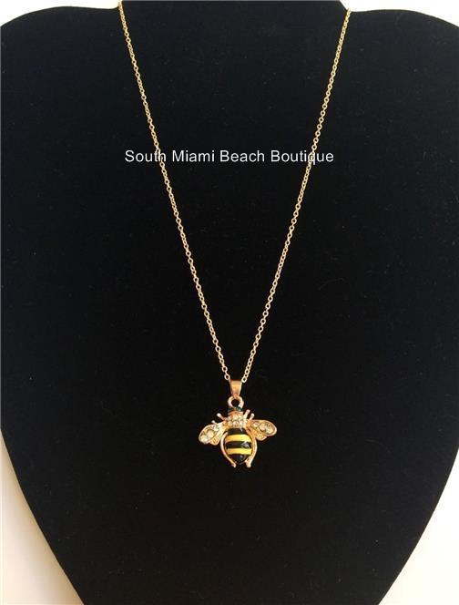 Gold Bumble Bee Necklace 18″ Crystal Insect Queen Bea Plated USA Seller