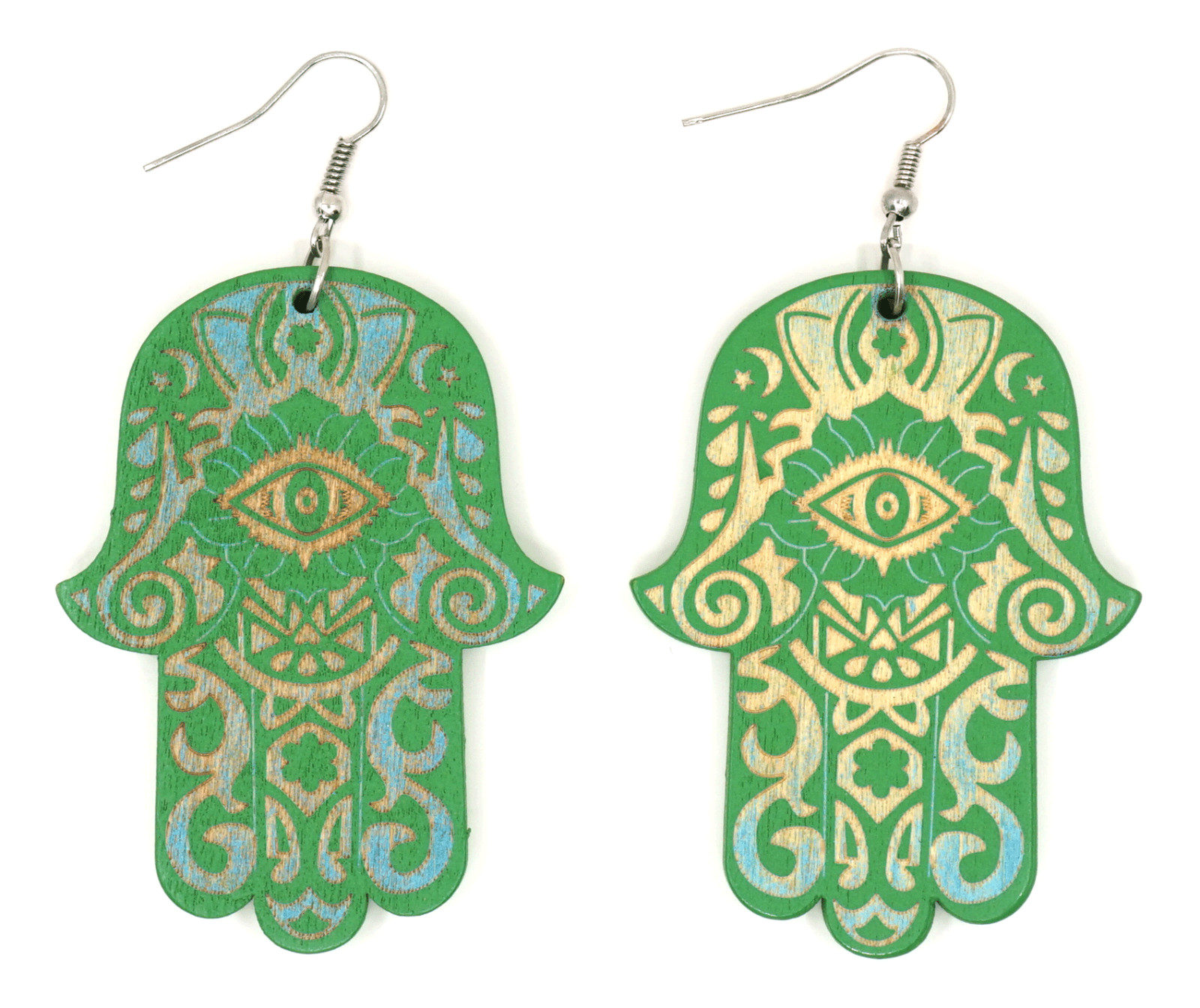 TB Hamsa Hand of Fatima Evil Eye Colorful Wood Natural Dangle Fashion Earrings
