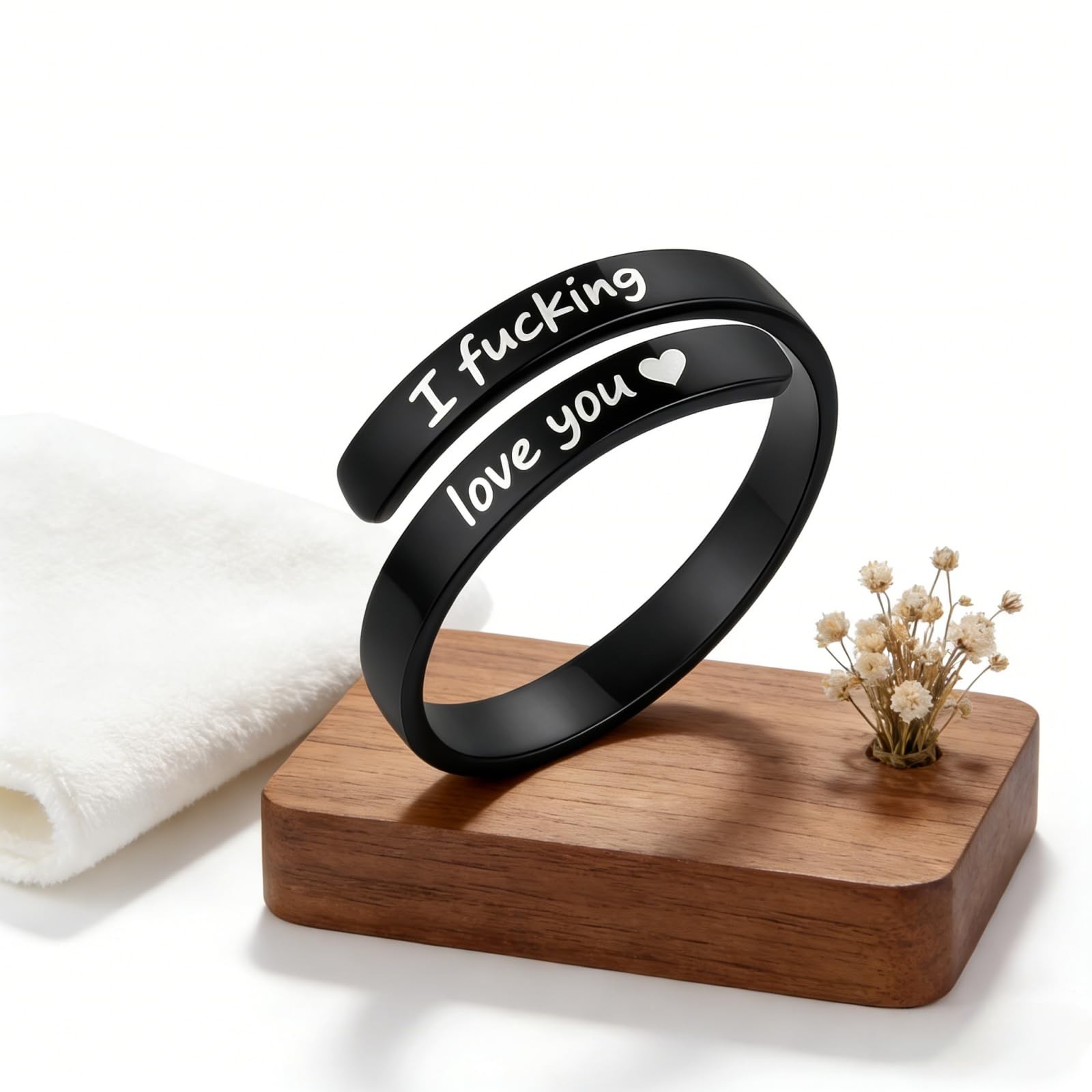 I Fcking Love You Ring, Stainless Steel Engraved Inspirational Words Heart Ope
