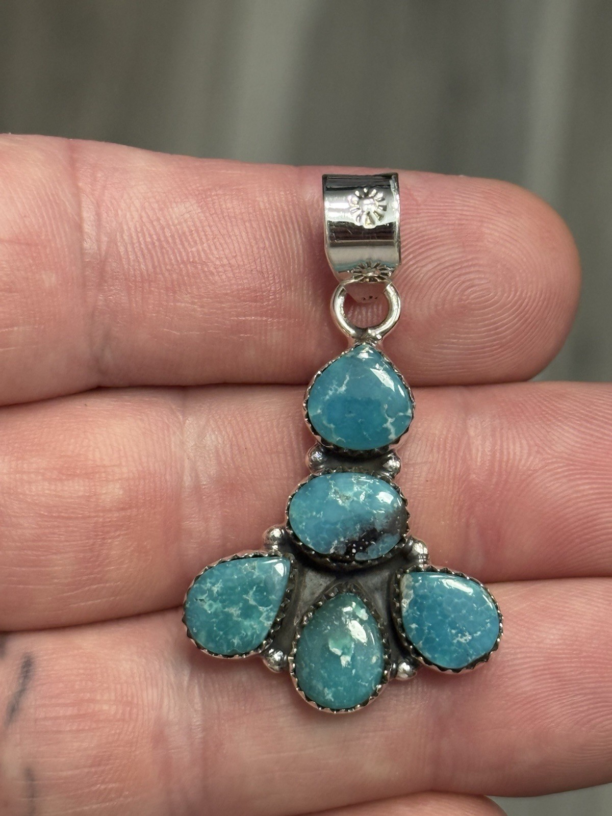 STERLING SILVER WHITE WATER TURQUOISE 5 STONE MIX SHAPE CLUSTER PENDANT .925