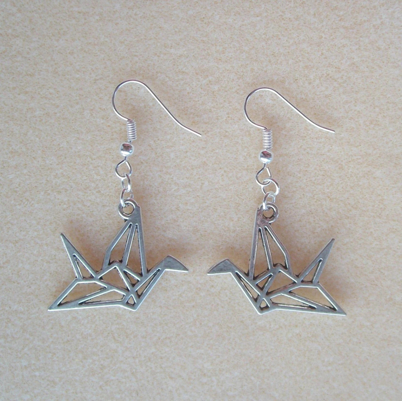 Silver Japanese Origami Paper Crane Bird Pendant Good Luck Drop Dangle Earrings