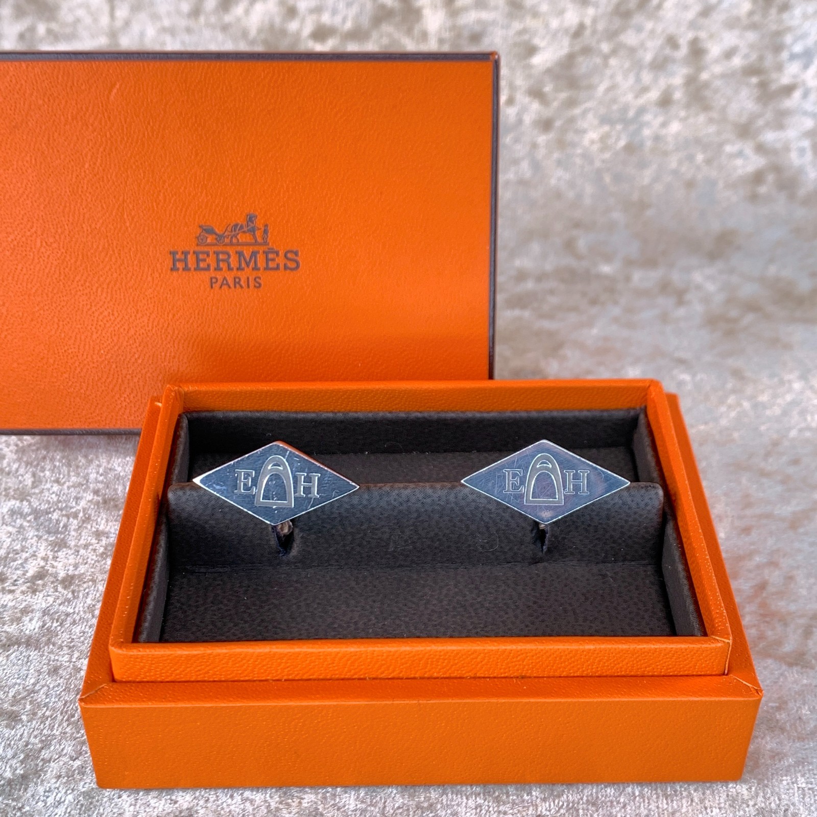 Hermes Cufflinks AG925 Sterling Silver Diamond Logo Chain Type with Case