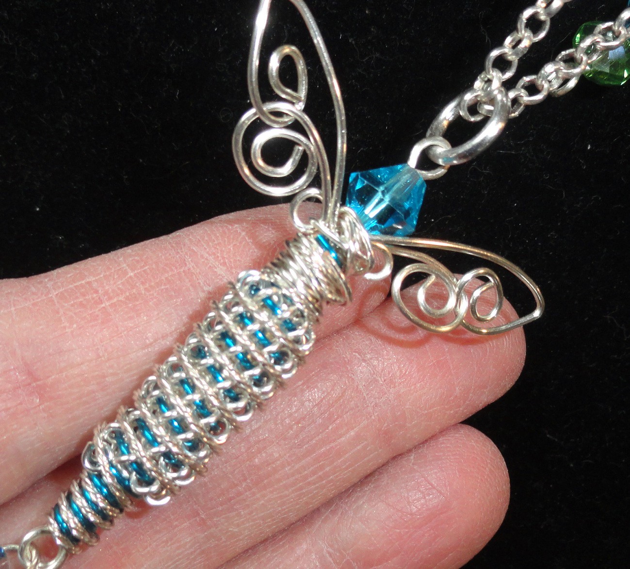 #9305 Silver/Blue Dragonfly Pendant with Swarovski Crystal Drop and Chain.