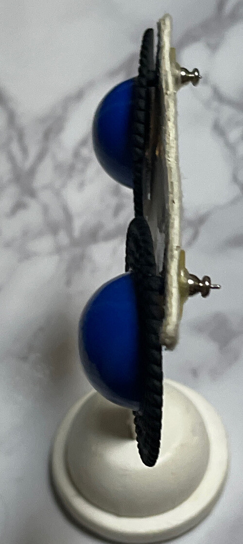 Black Painted Blue Round Statement Pierced Earrings Jewelry XB-6