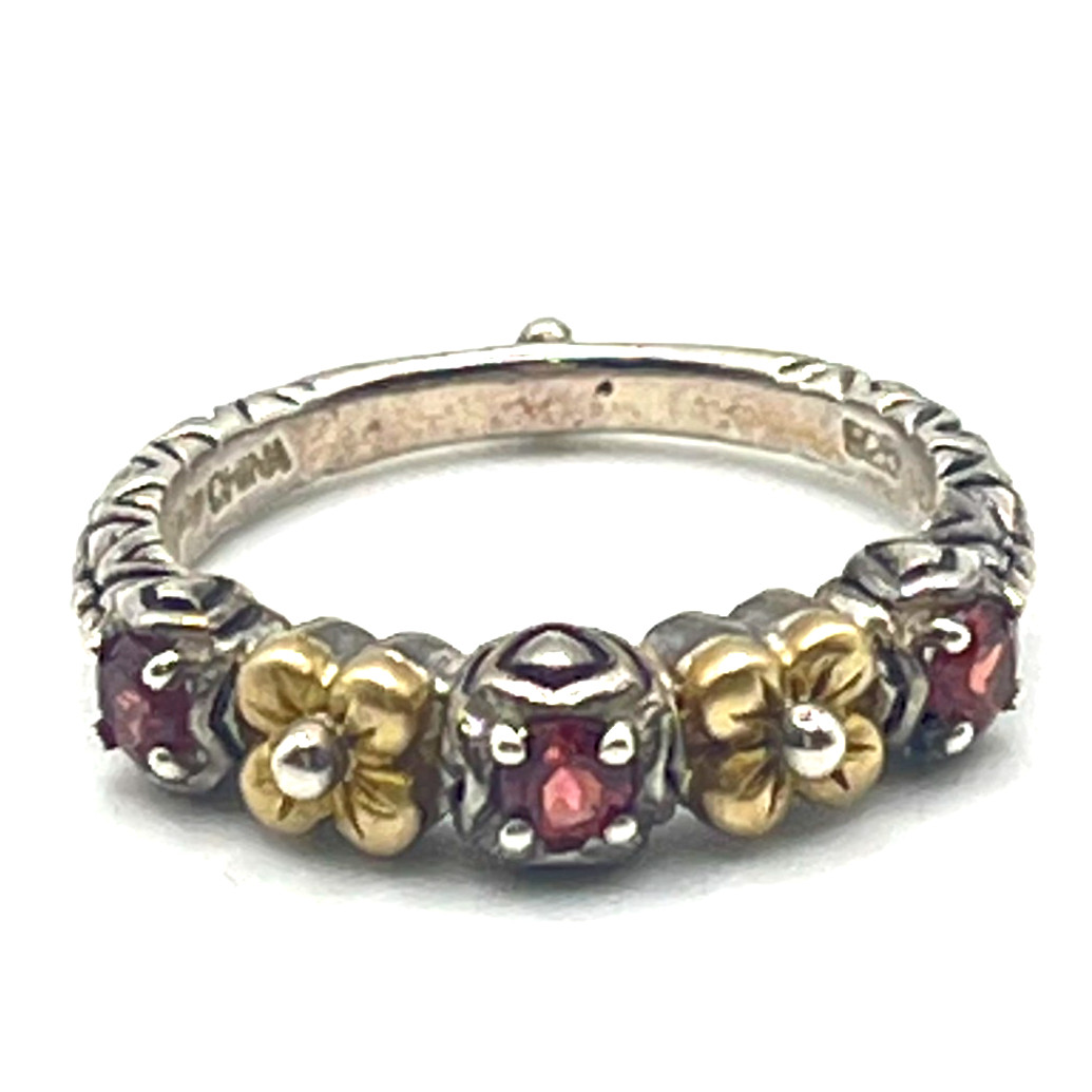 Barbara Bixby Band Ring Sz 8 Garnet and 18k Lotus Flower Accents Sterling 925