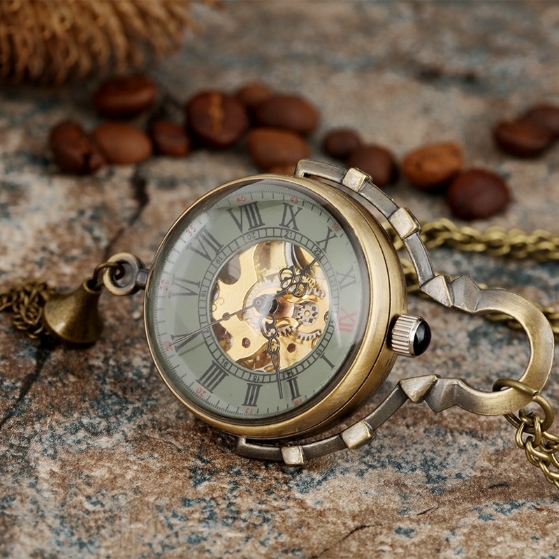 Transparent Glass Ball Pocket Watch See-Through Mechanical Hand-Wind with Chain