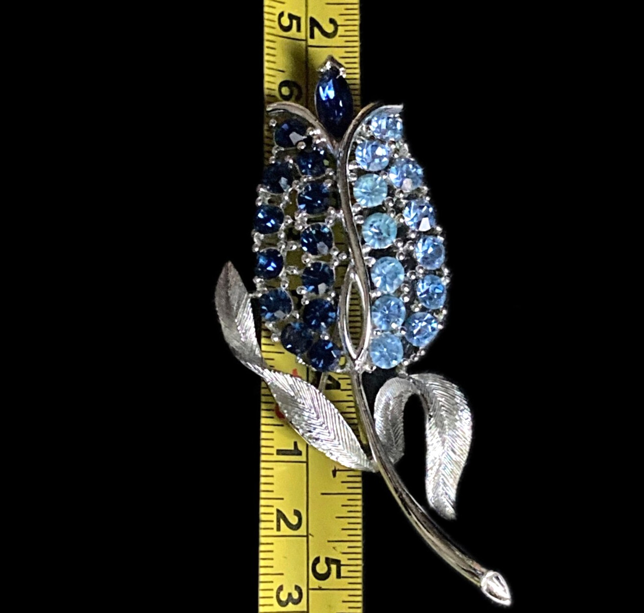 Vintage Lisner Tulip Brooch – Blue Rhinestones Silver‑Tone Signed Post‑1955