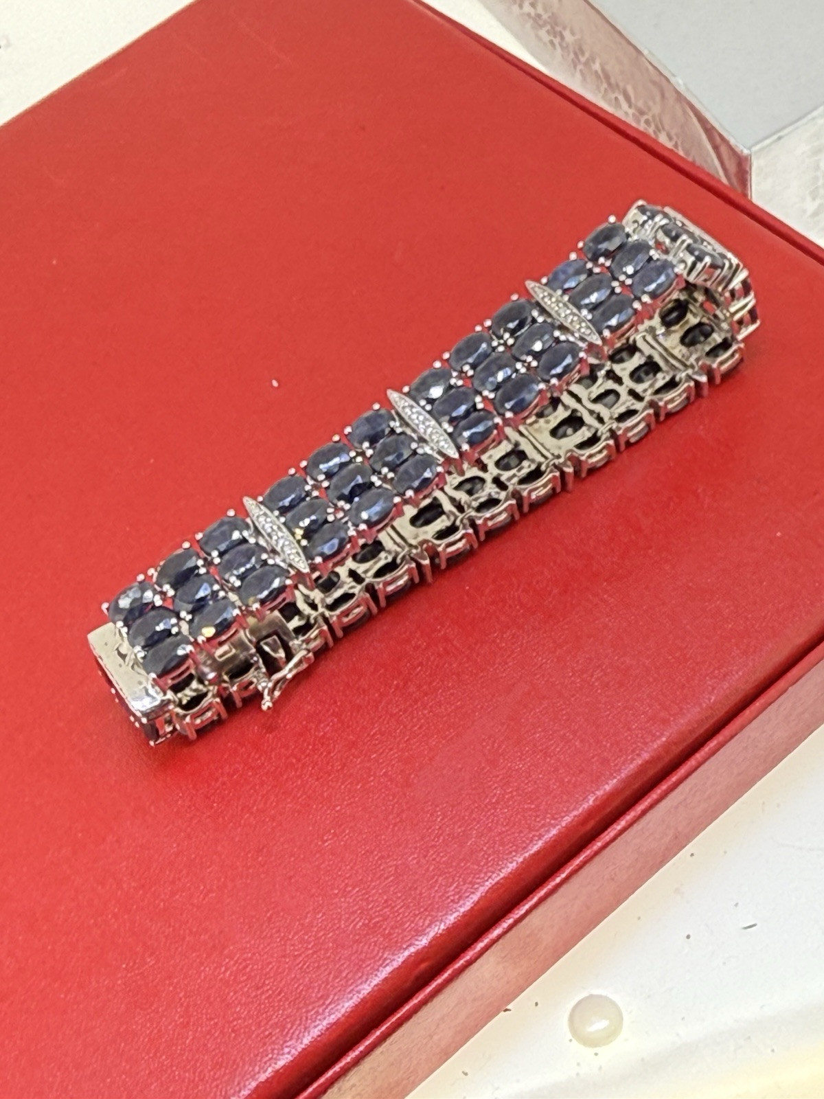 Vintage SJM Sterling Silver Blue Sapphire & Diamond Bracelet 7.5 Inch Long