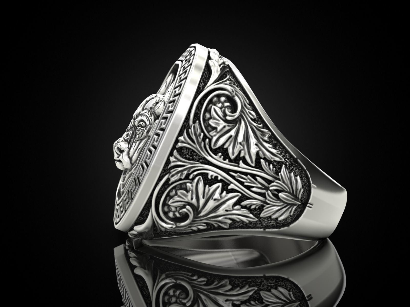 Oxidized Men’s Greek Ornament Pattern Bull 925 Sterling Silver Statement Rings