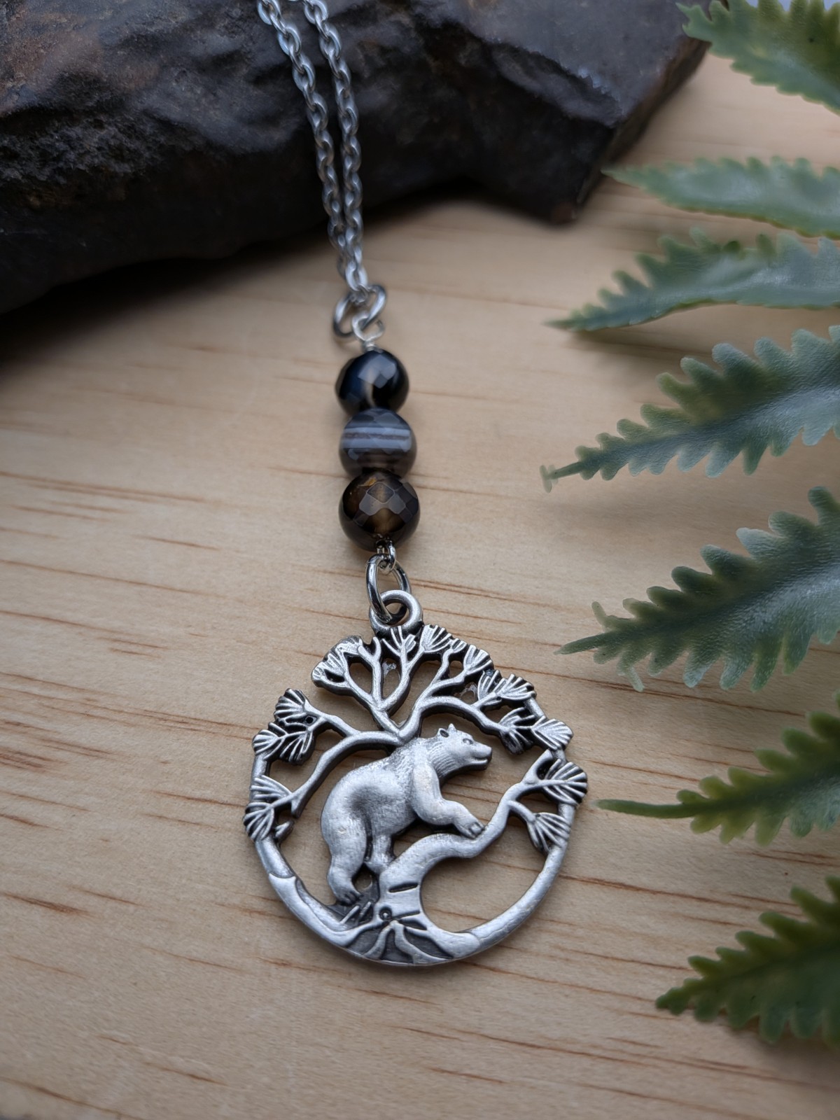 Silver Bear Pendant Necklace With Black And Brown Beads, Nature Themed