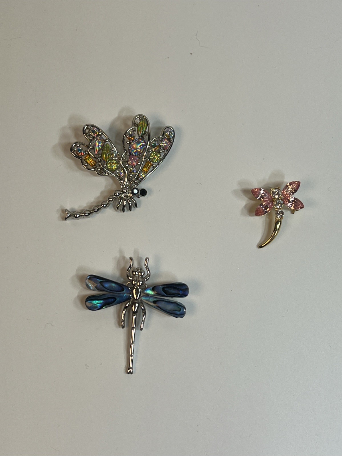Lot Of 3ea Beautiful Dragonfly Brooches / Lapel Pins / Metal And Enamel