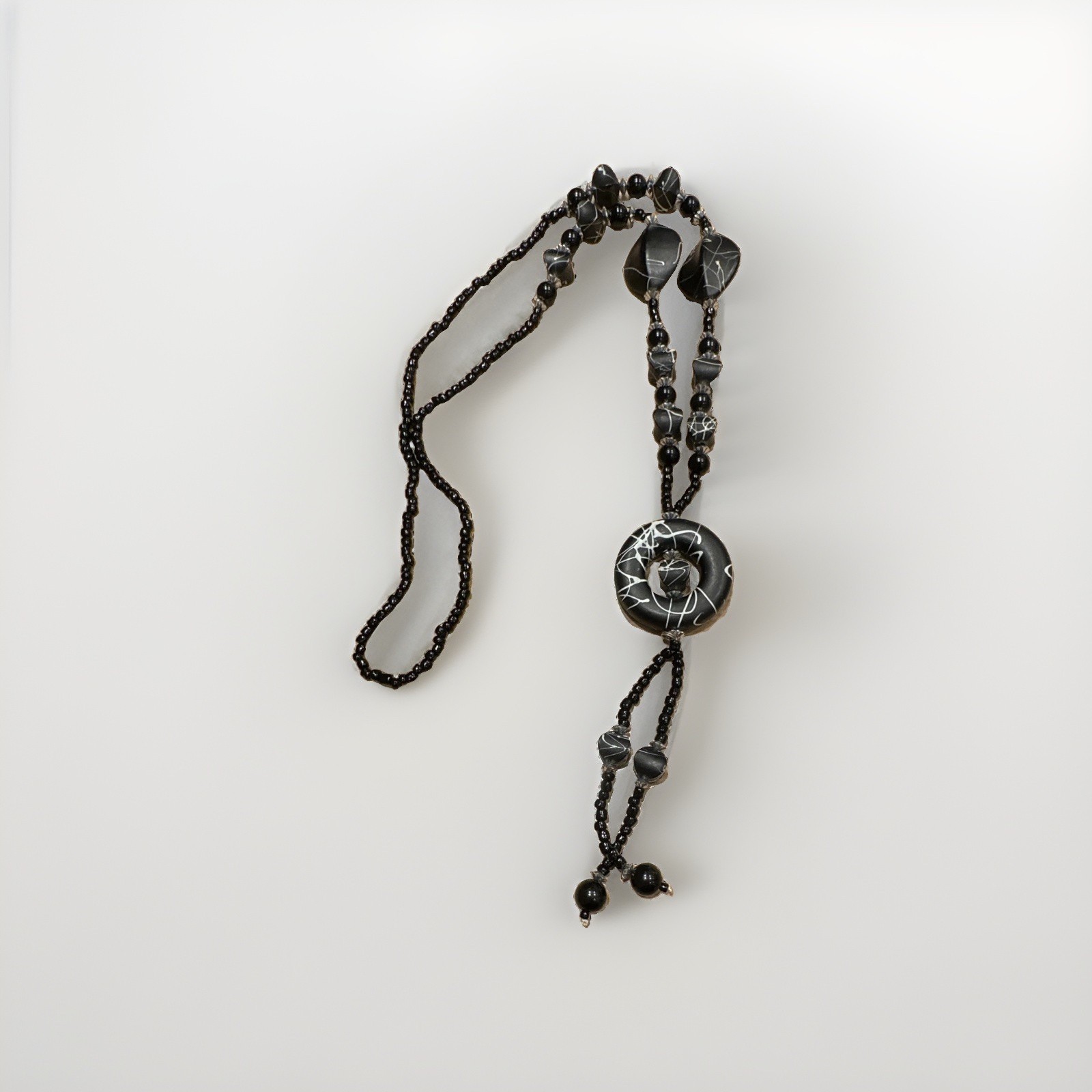 Black Plastic Beaded Ball Chain Necklace w/ Round Charm Pendant