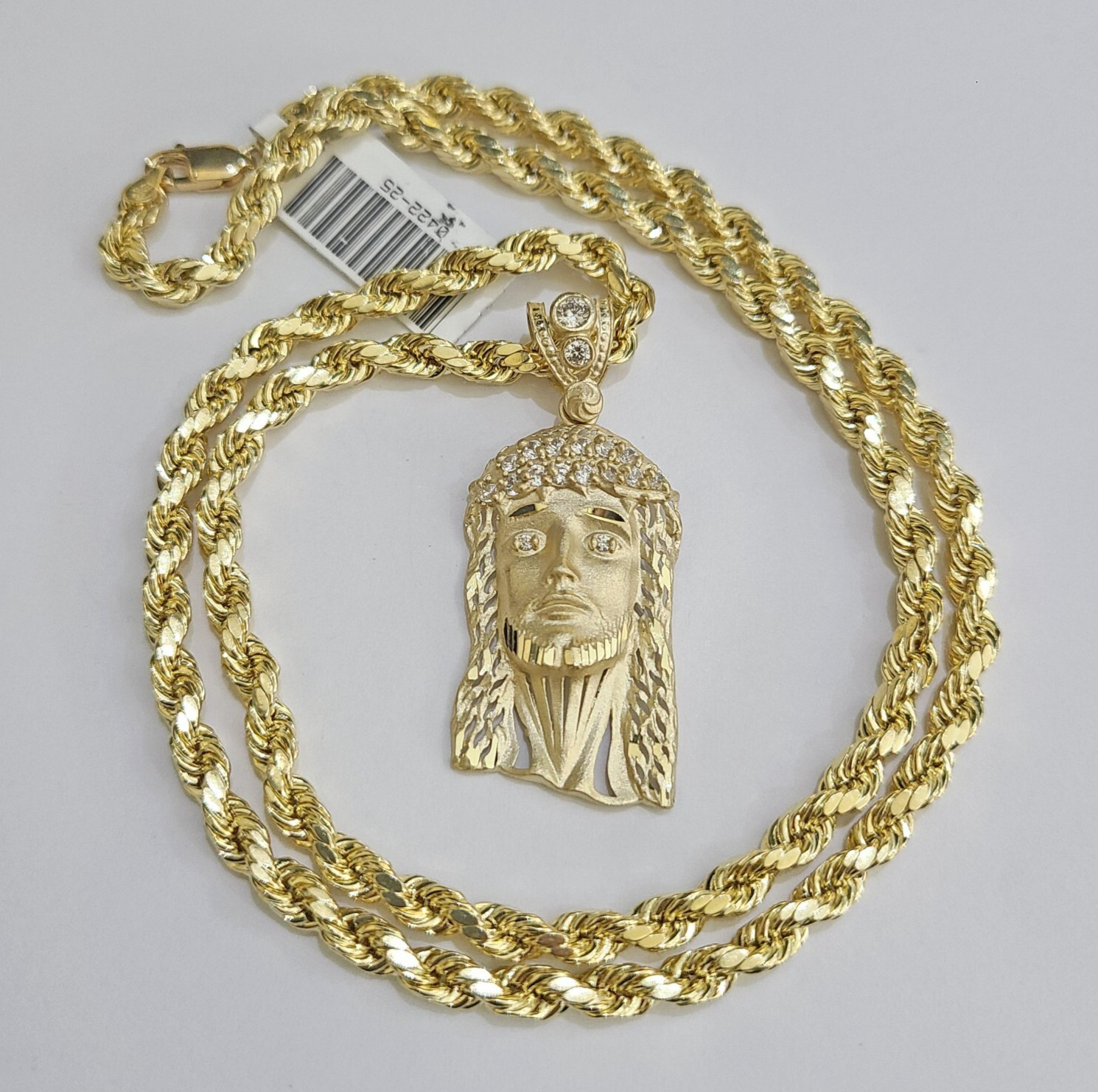 REAL 10k Rope Chain Jesus Head Charm Pendant 4mm Necklace Set 18″-28″ in