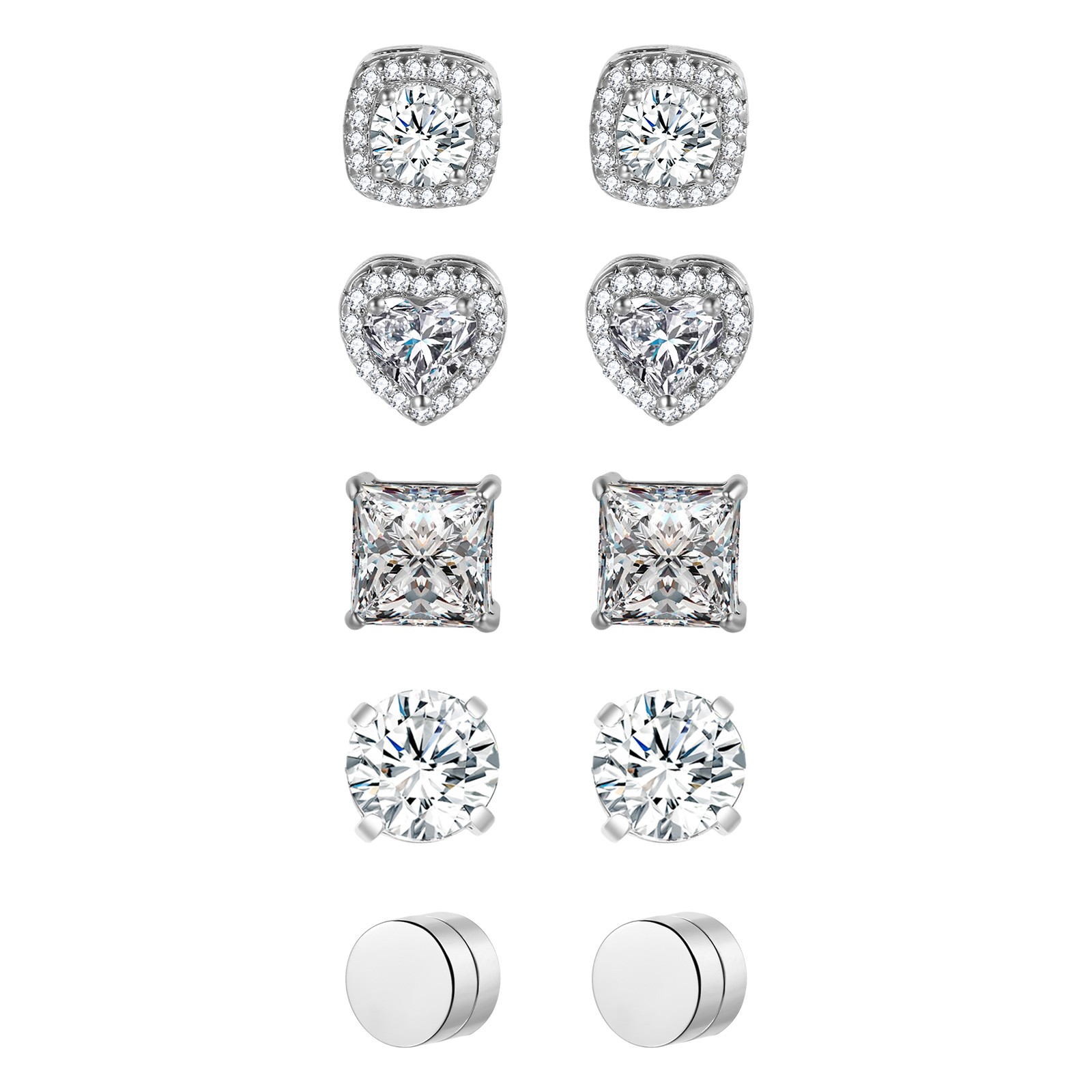 5 Pairs Womens Stainless Steel CZ Magnetic Earrings Non-Pierced Clip-On Earrings