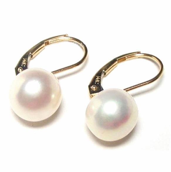 8-9mm AAA White Pearl Lever Back Earrings in 14K Yellow or White Gold