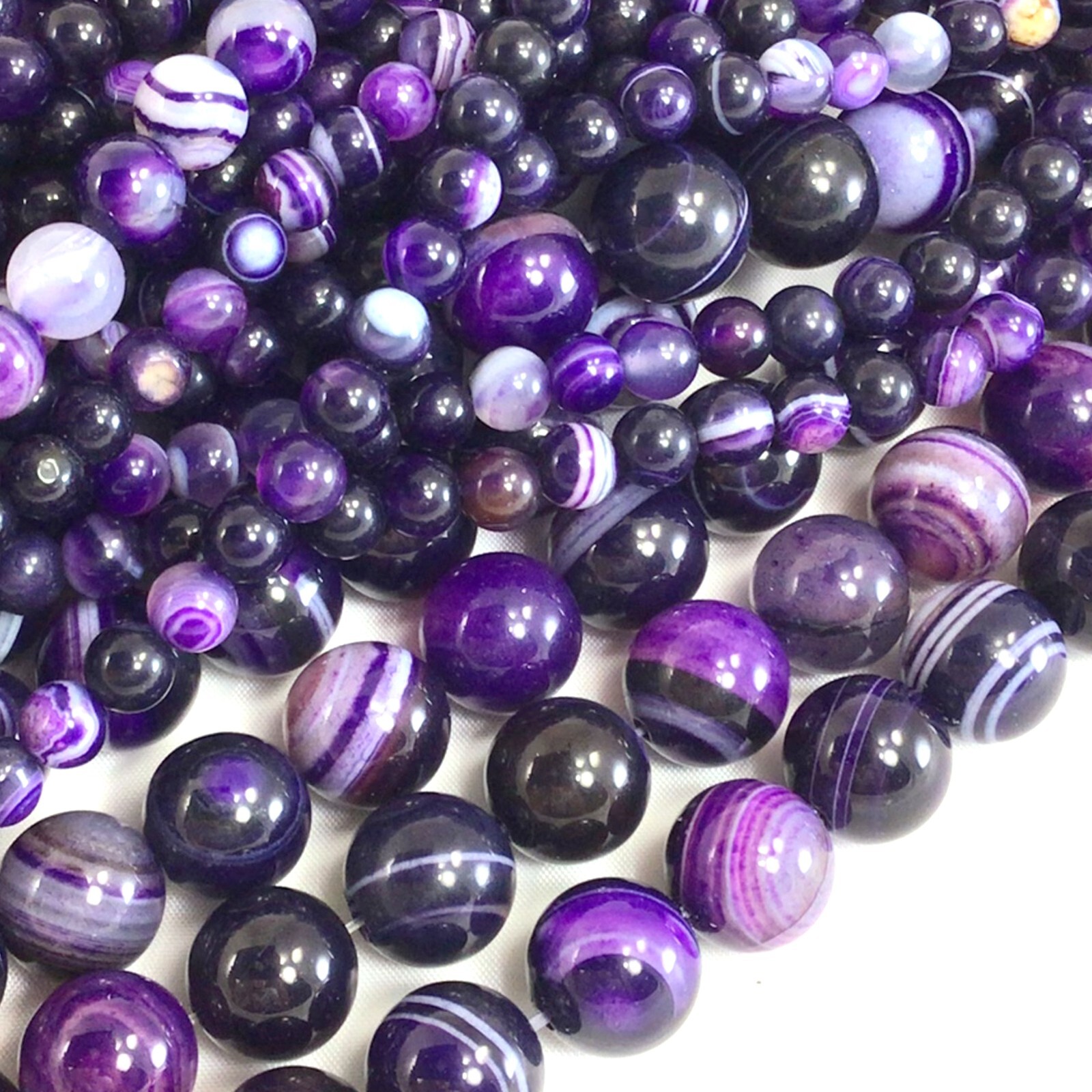 Gemstone Natural Purple Stripe Agate Smooth Round Loose Beads 15″ Jewelry Making