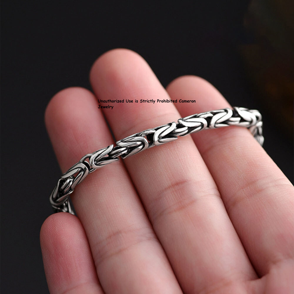 Pure S925 Sterling Silver Chain Men Women 4mm Byzantine Link Bracelet 6.7-8.7inL