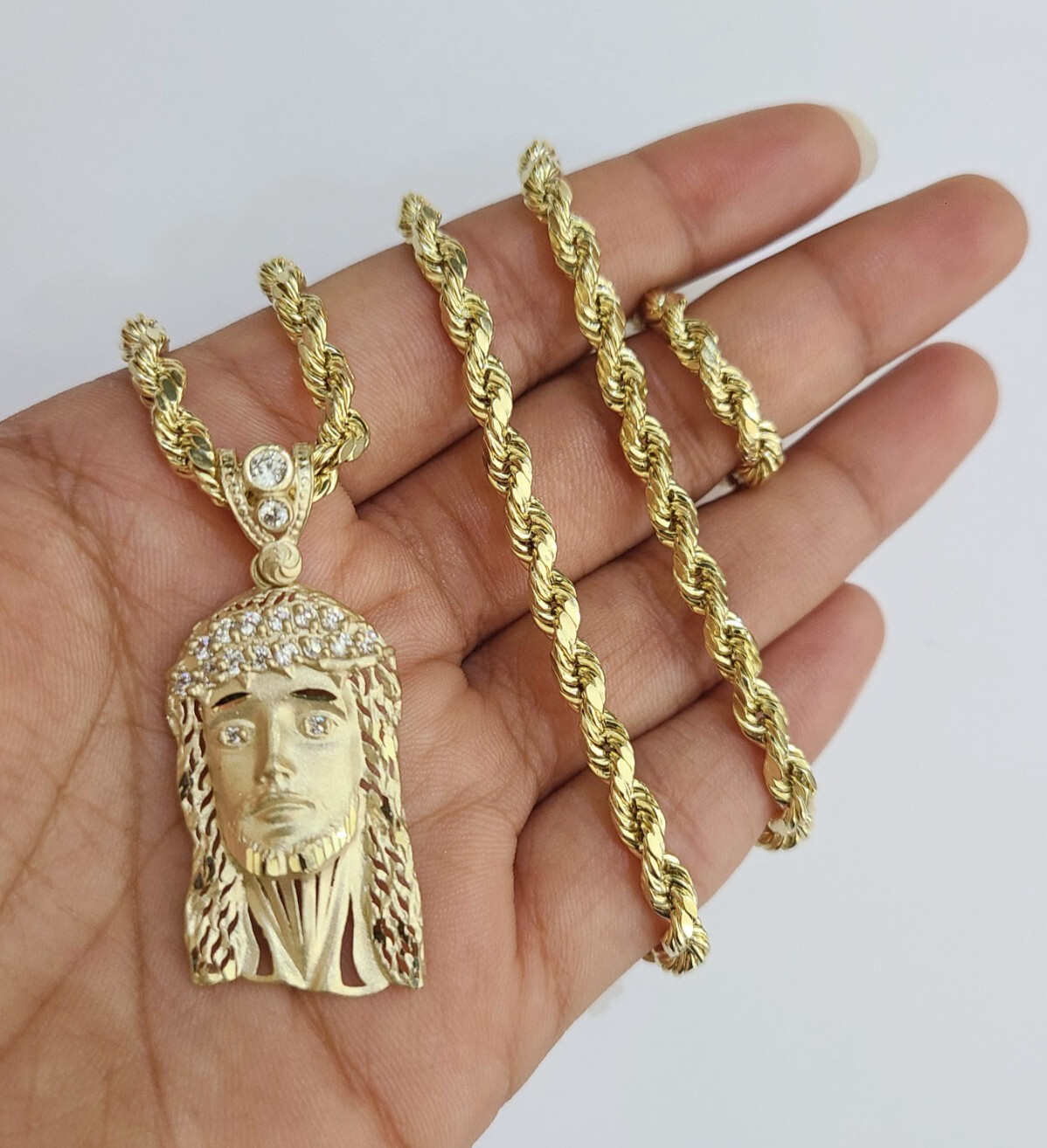 REAL 10k Rope Chain Jesus Head Charm Pendant 4mm Necklace Set 18″-28″ in