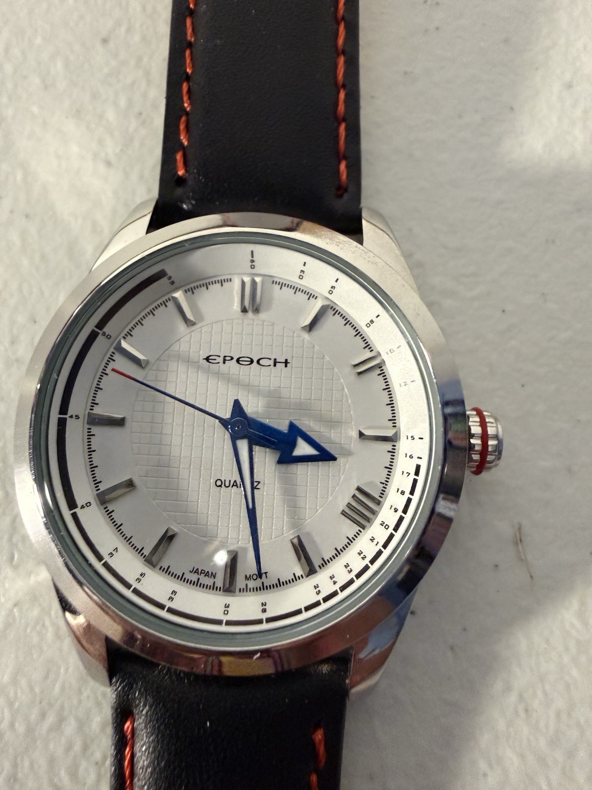 Epoch Quartz Analog Watch White Dial Black Leather Strap Silver 36-39mm New