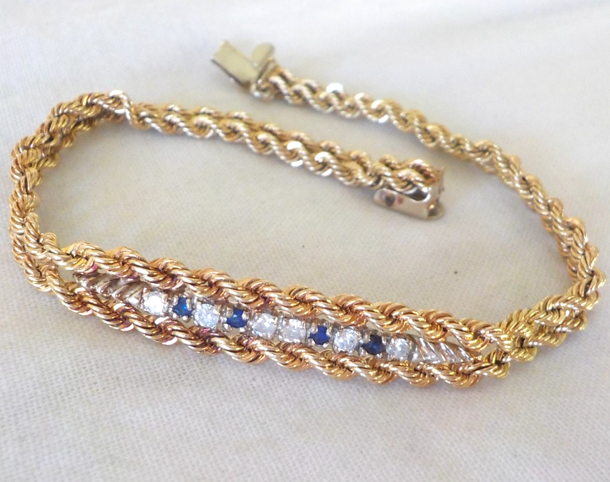 Solid 14K Yellow Gold Double Rope Sapphire Diamond Bracelet – 11.32 gms, 7.2 in