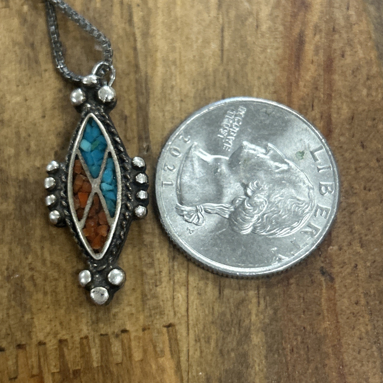 19” 925 Silver Box Chain Native American Turquoise/ Coral Inlay Pendant 7.83 G