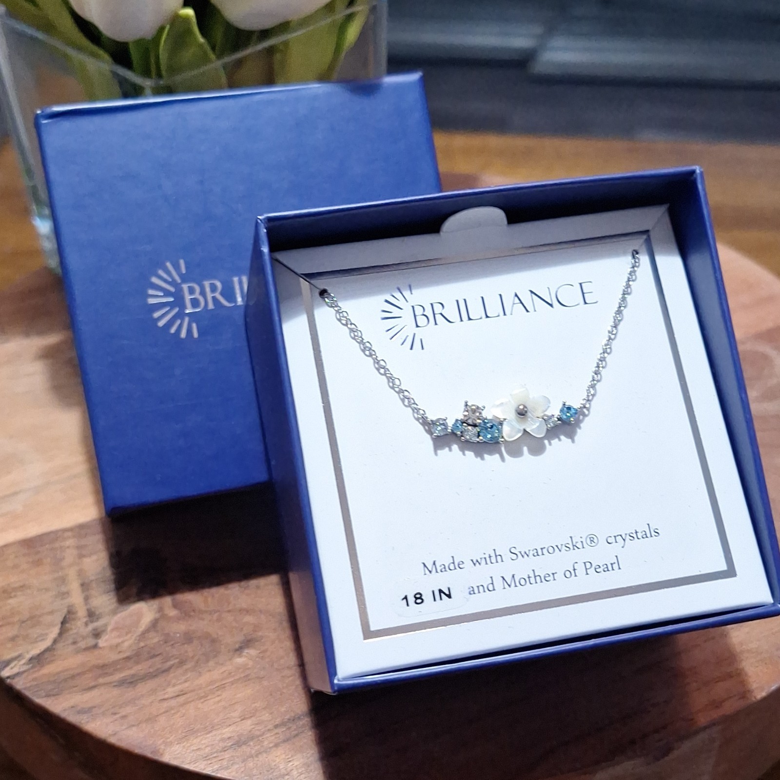 BRILLIANCE Mother of Pearl Flower Pendant Necklace SWAROVSKI Crystal Cable 18″