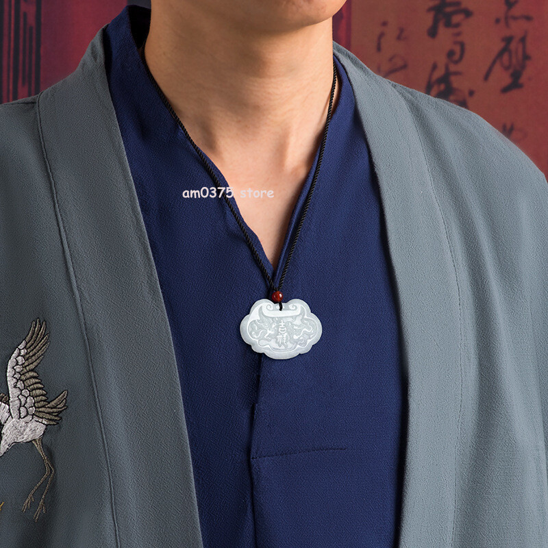 Natural Grade A Jadeite White Jade Dragon Phoenix Longevity Lock Pendant
