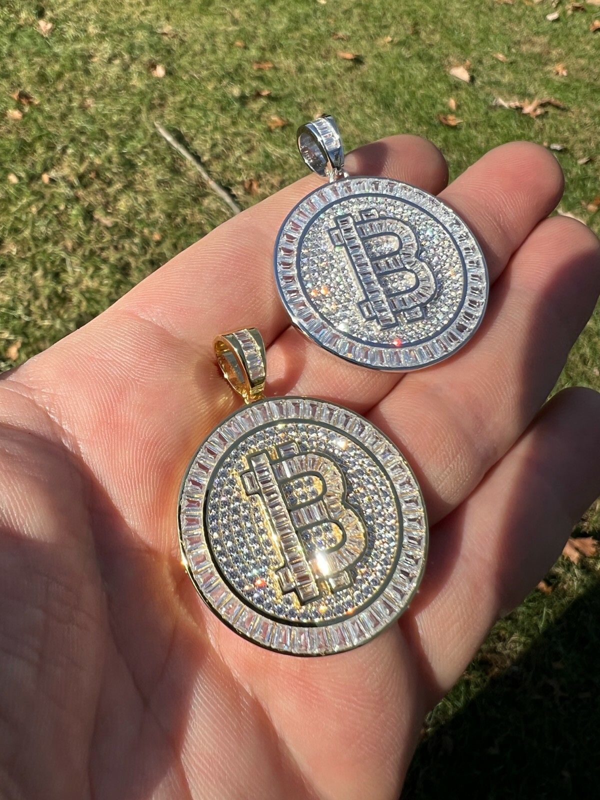 Solid 925 Silver 14K Gold Plated Bling Out BITCOIN CZ Hip Hop Pendant Necklace