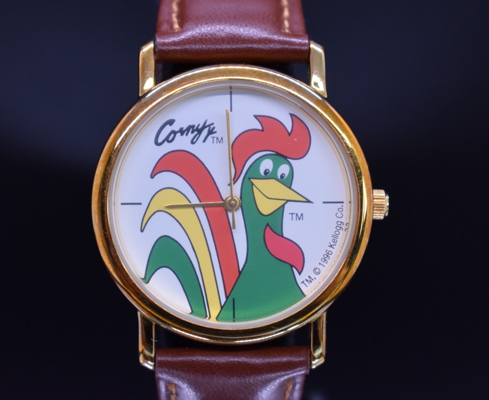 Vintage 1996 Kellogg’s Corn Flakes Corny Rooster Watch Gold Tone Brown Leather