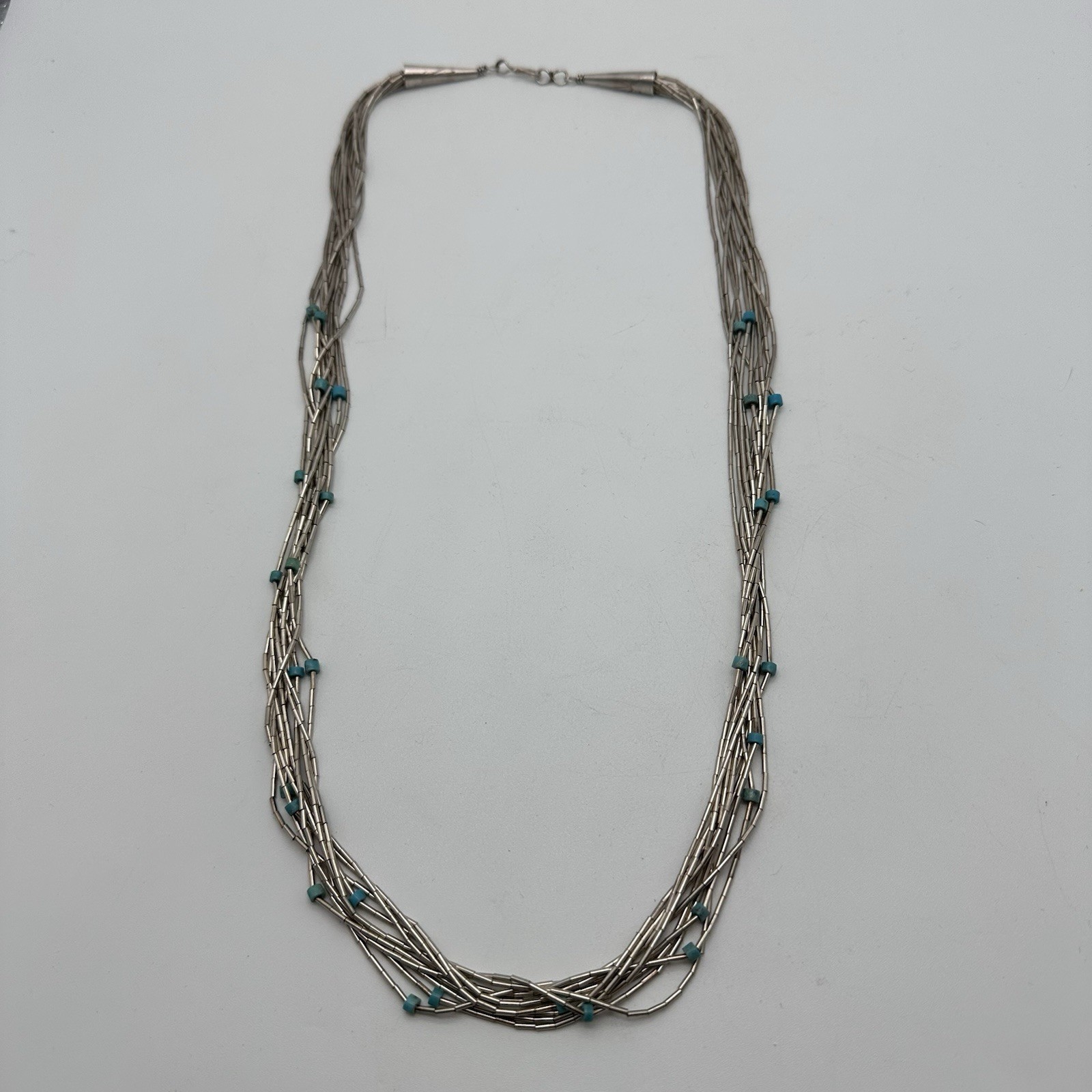 Liquid Sterling Silver & Turquoise Native American Necklace 25”, 10 Strand Vintg