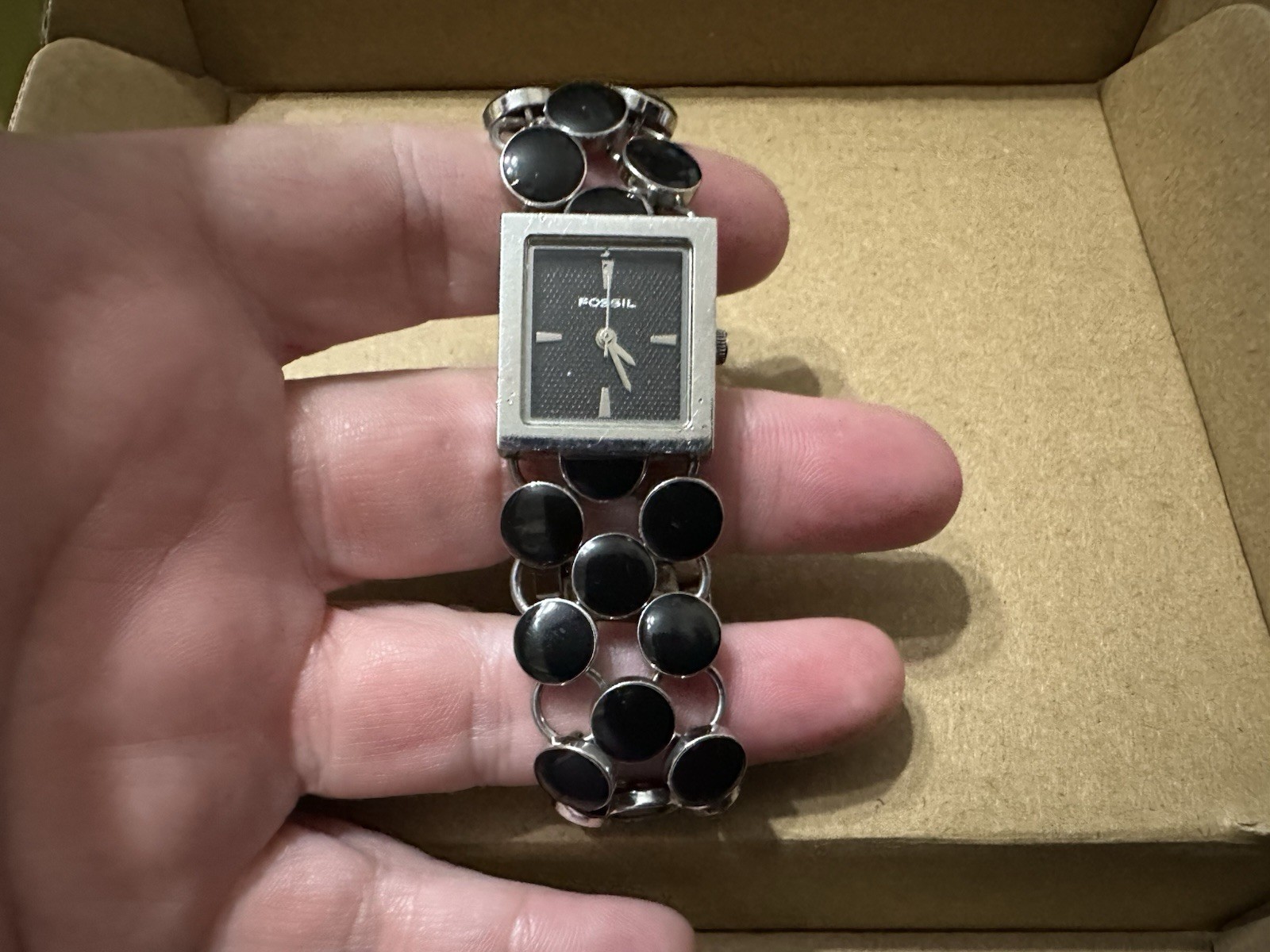 Exc Condition Fossil F2 ES-1614 Silver & Black Enamel Ladies Watch