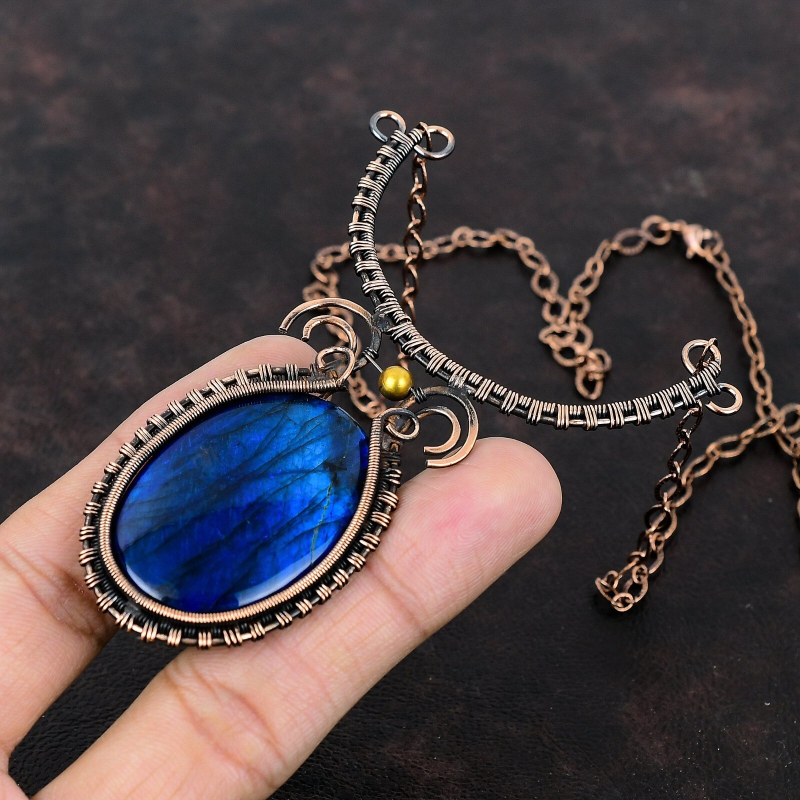 Blue Fire Labradorite Copper Gift For Bestie Wire Wrapped Adjustable 18.0″