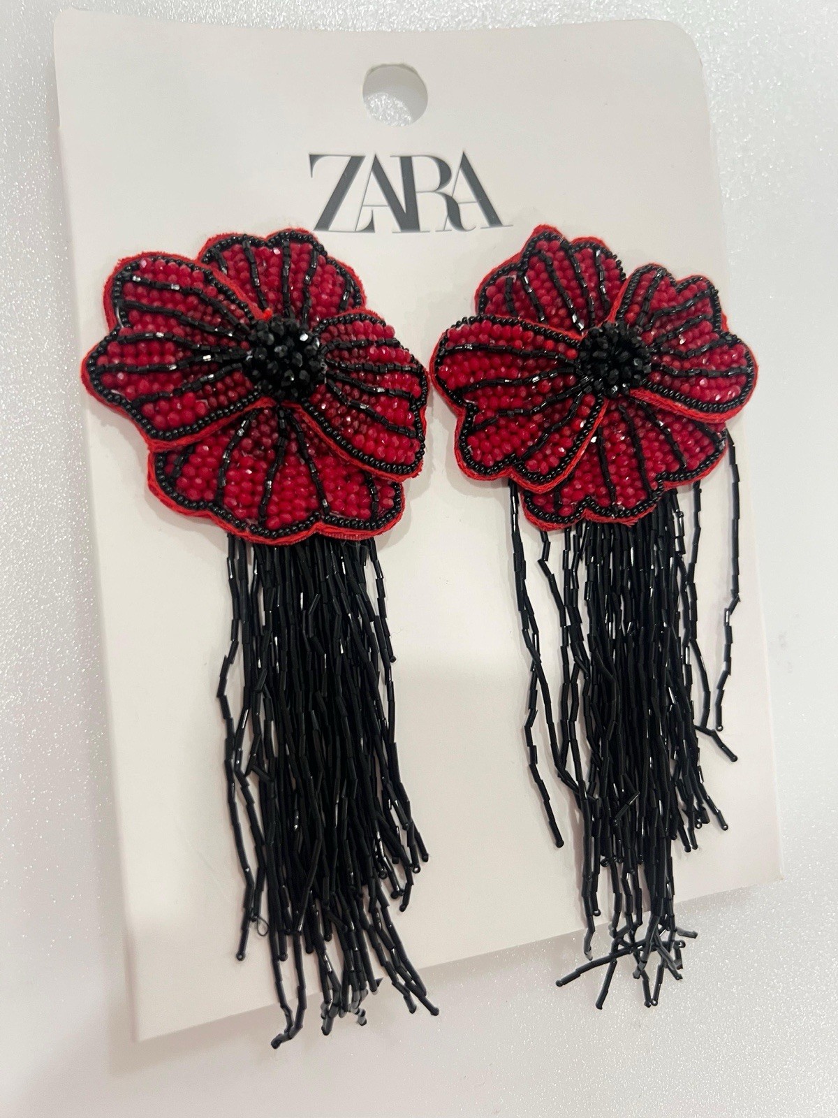 New Zara Woman Floral Beaded Earrings Dark Red Burgundy Black
