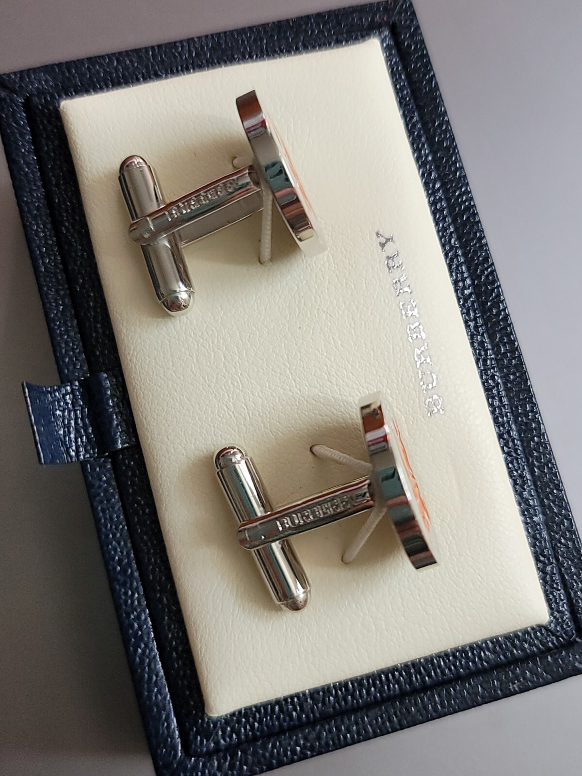 VTG NOS NEW Burberry Palladium Plated Orange Equestrian Knight Logo Cufflinks
