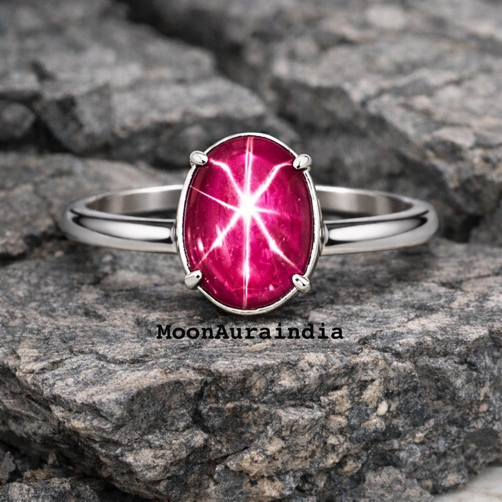 24CTs Natural Star Ruby Ring Gemstone Oval cut 925 Silver Ring 6 Rays star Ruby