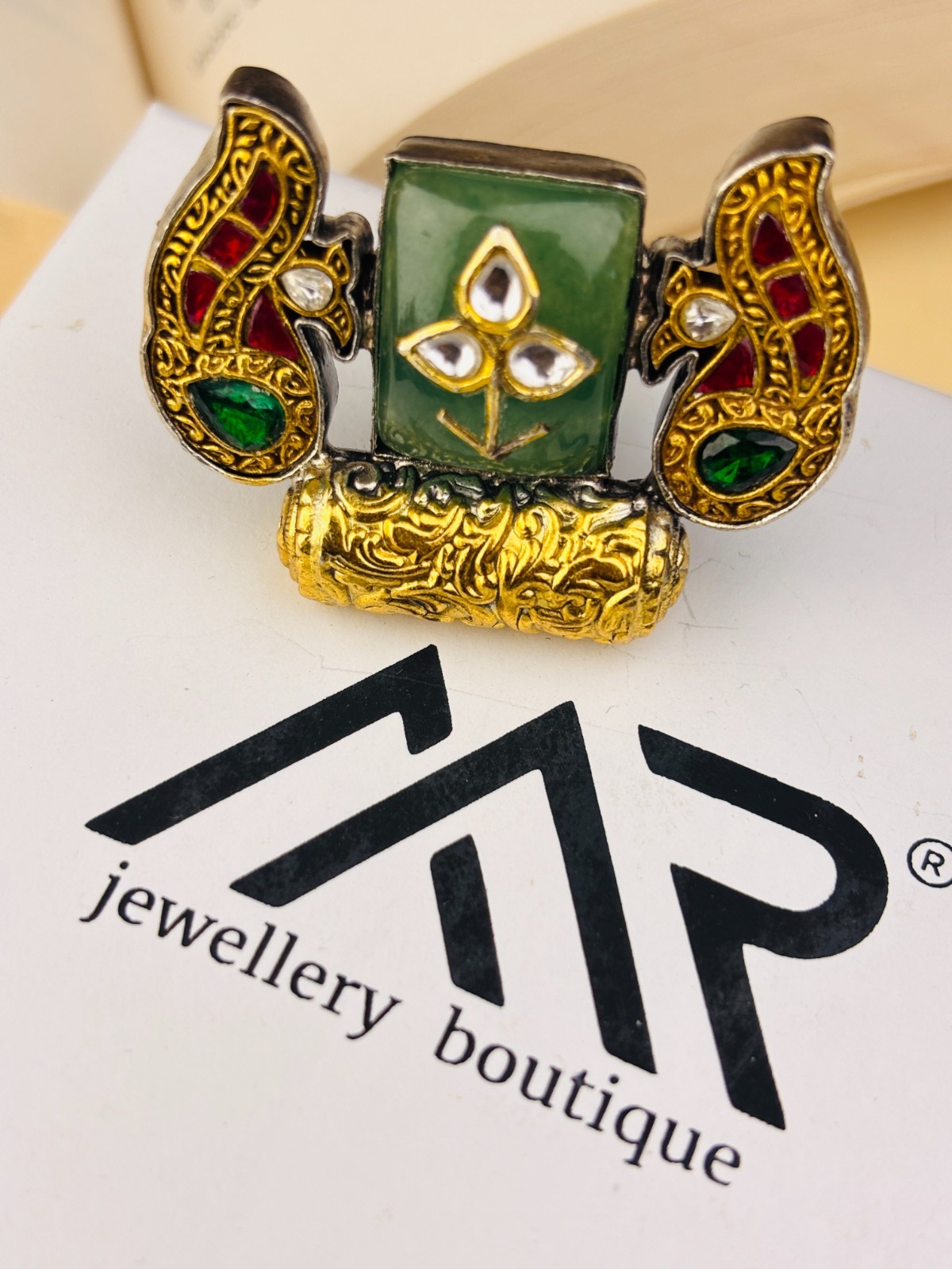 925 Silver Adjustable Paisley Ring Green Red CZ Two-Tone Statement For Women