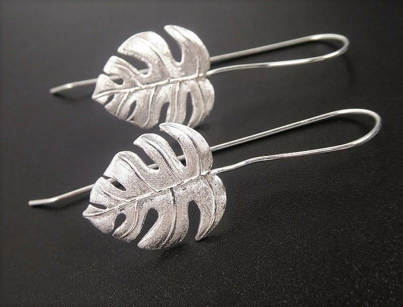 925 Sterling Silver Monstera Plant Leaf Long Drop Earrings Handmade Unique Chic